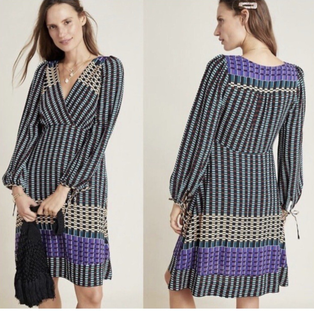 NWT Maeve Anthropologie Gianna Tunic Dress V-Neck Long Sleeve Geometric Print 2